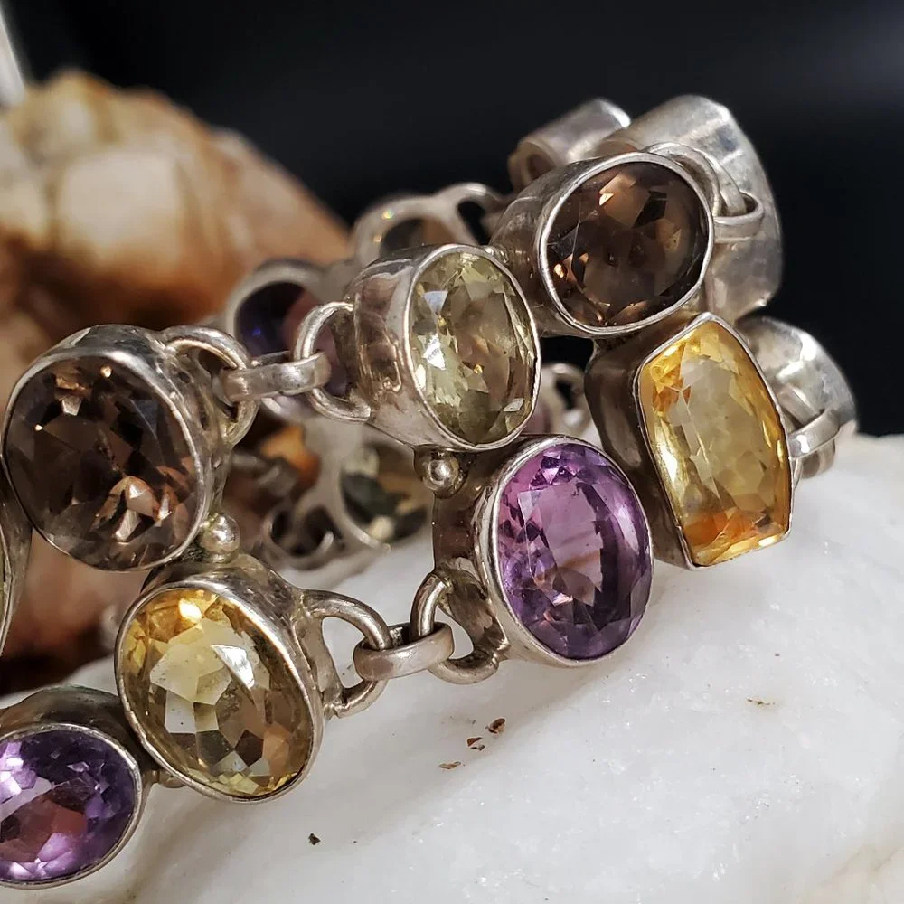 Heavy Sterling Silver Bracelet 925 Genuine Gem Amethyst Citrine Chocolate Topaz